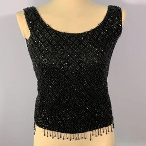 Vintage lambs wool angora white swan black sequins beaded crop tank glam regency